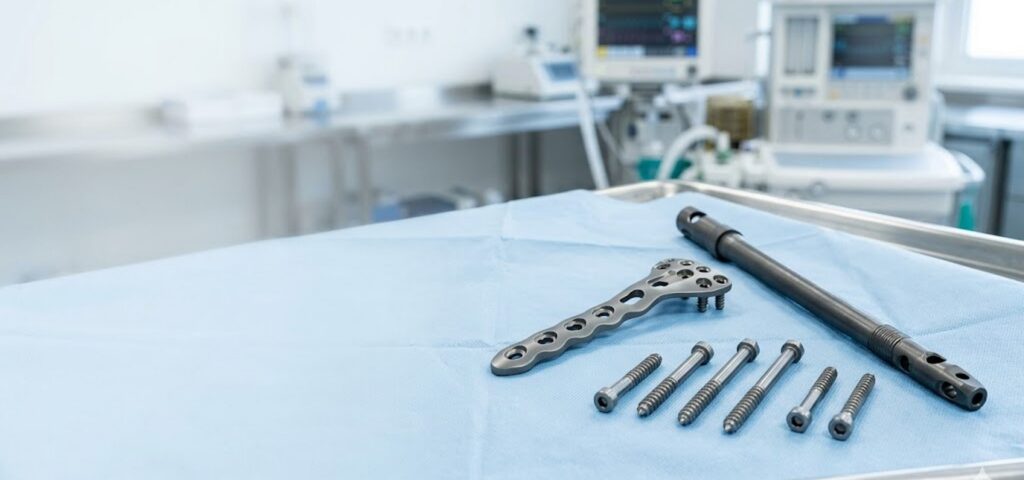 ابزار و ایمپلنت جراحی ارتوپدی روی سینی استریل